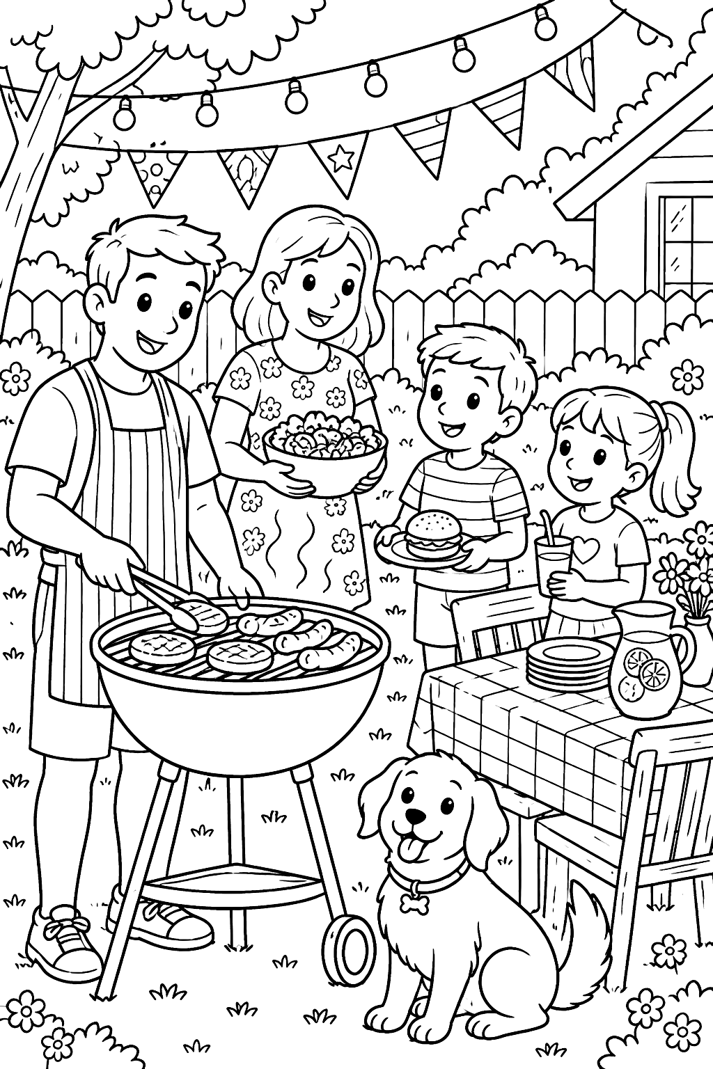 a backyard party with string lights, flags, a grill and family coloring page