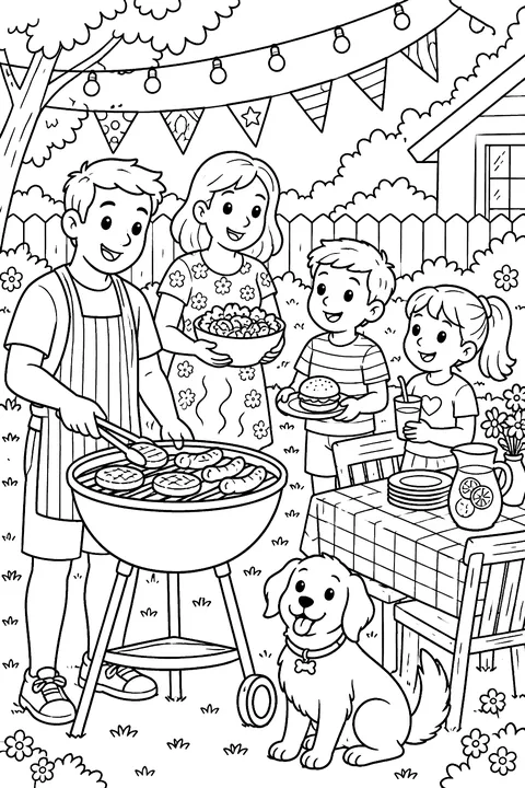 a backyard party with string lights, flags, a grill and family coloring page