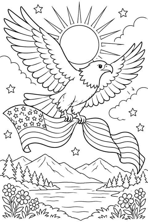 a bald eagle soaring with a flag ribbon in front of the sun coloring page