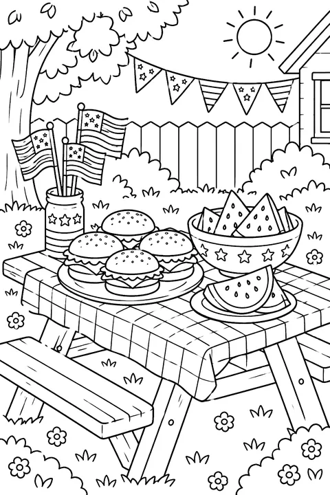 a picnic table with burgers, watermelon and flags in a backyard coloring page