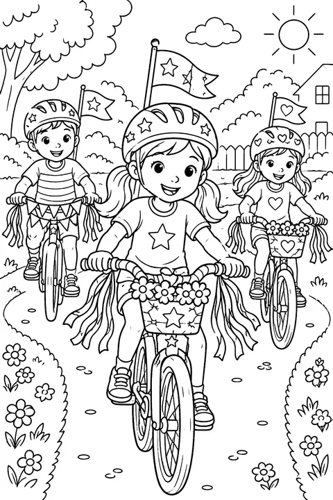 kids riding bikes decorated with streamers and flags coloring page