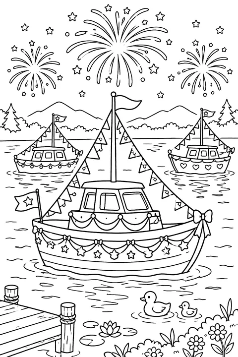 decorated boats with flags on a lake with fireworks coloring page