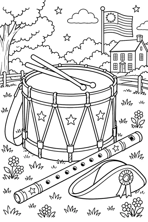 a colonial drum with drumsticks and a fife with stars coloring page