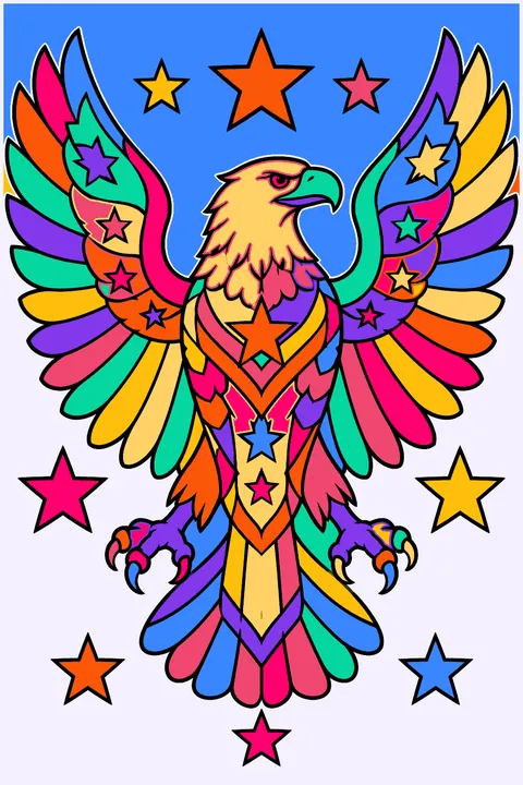 an eagle with spread wings surrounded by detailed stars and patterns coloring page