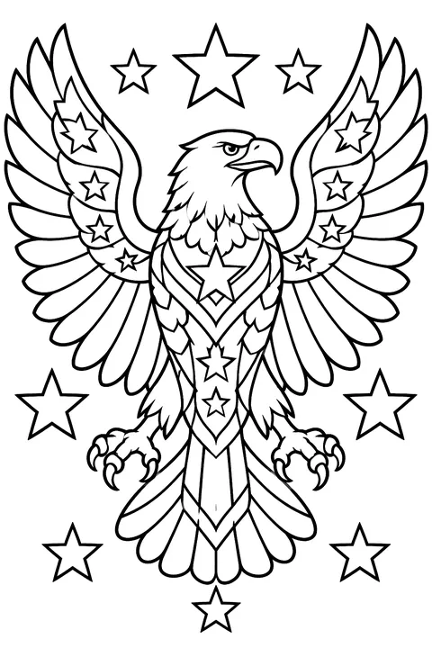 an eagle with spread wings surrounded by detailed stars and patterns coloring page
