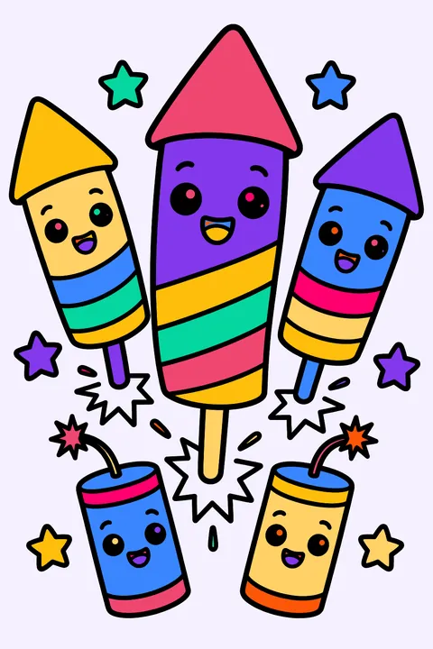 cute rockets and firecrackers with smiling faces coloring page