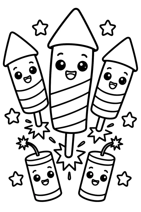 cute rockets and firecrackers with smiling faces coloring page