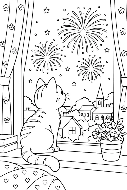 a cat on a windowsill watching fireworks coloring page