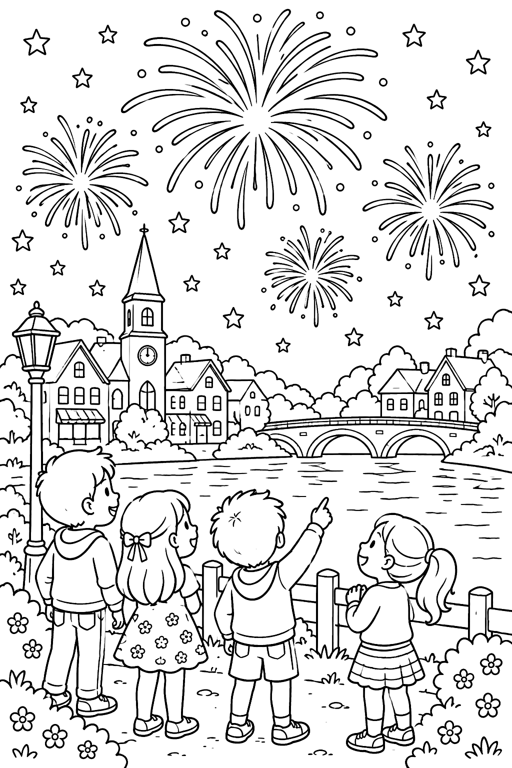 fireworks bursting over a small town at night coloring page