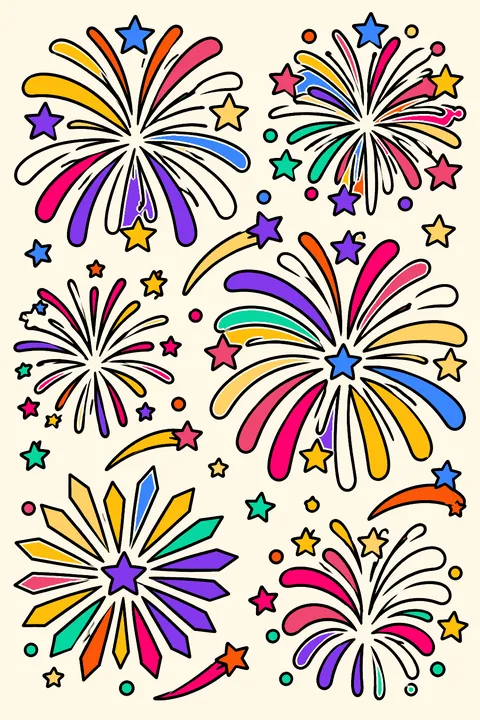 a page full of firework bursts and sparkles coloring page