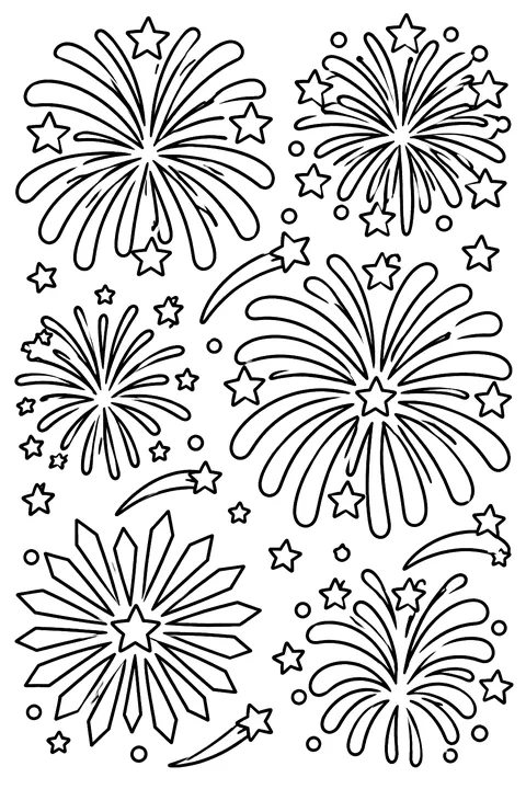 a page full of firework bursts and sparkles coloring page