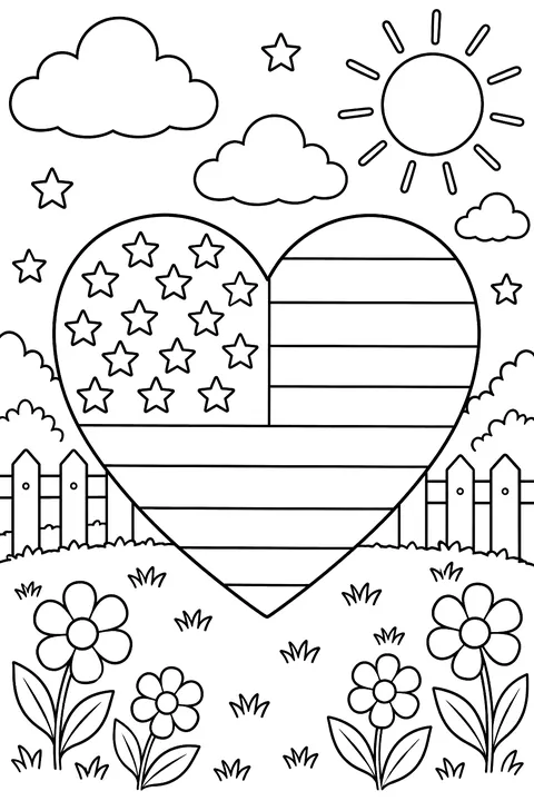 a heart shape filled with stars and stripes coloring page
