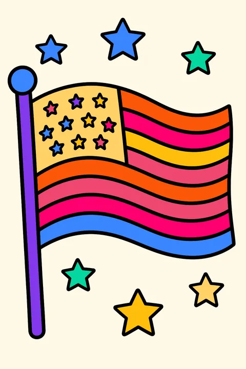 a waving American flag on a pole with stars around coloring page