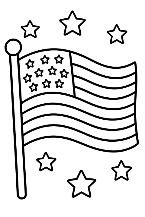 a waving American flag on a pole with stars around coloring page