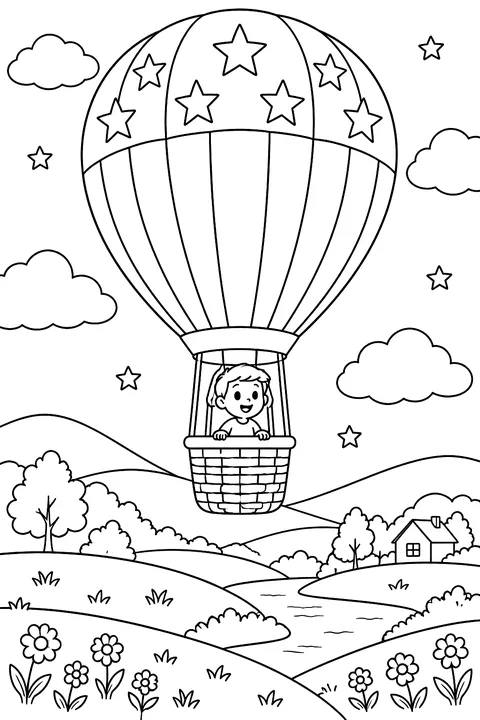 a hot air balloon with stars and stripes over hills coloring page