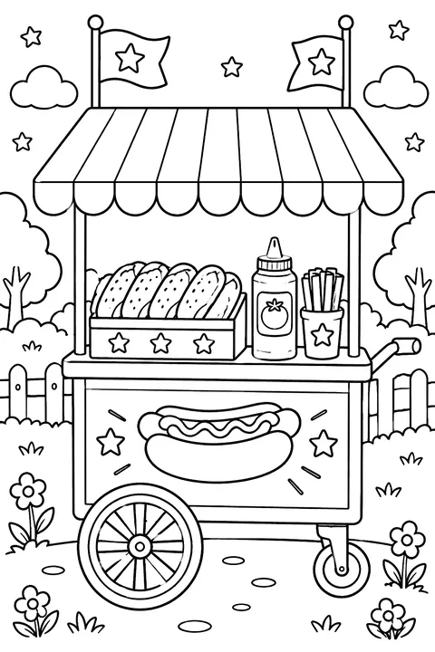 a hot dog cart with flags, buns and ketchup coloring page