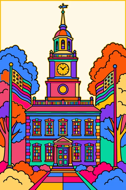 independence Hall building with trees and flags coloring page