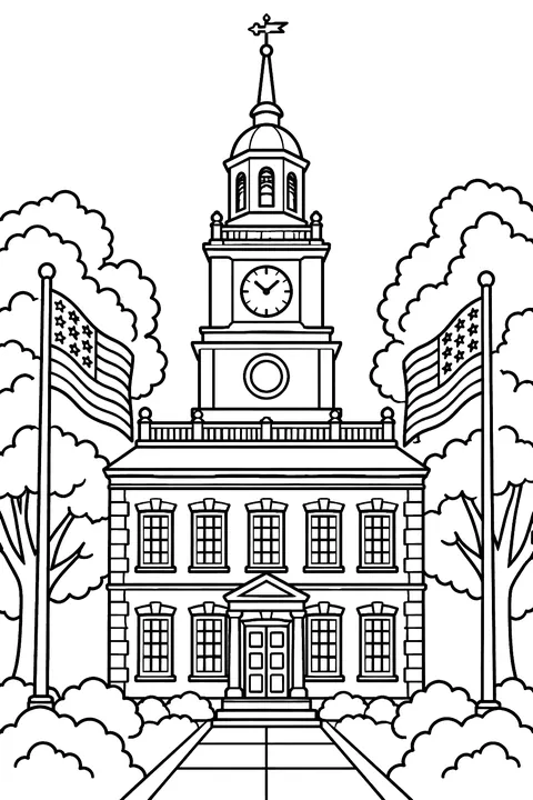 independence Hall building with trees and flags coloring page