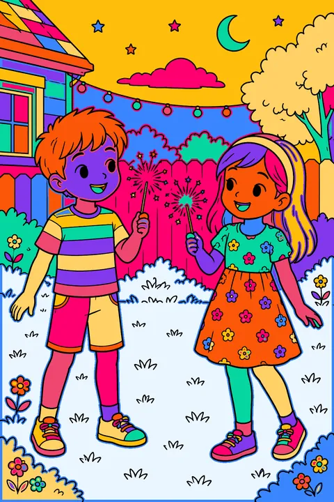 two kids holding sparklers in a backyard at dusk coloring page