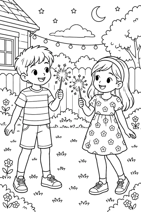 two kids holding sparklers in a backyard at dusk coloring page