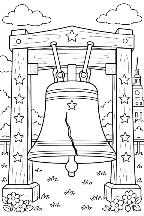 the Liberty Bell hanging in a wooden frame with stars coloring page