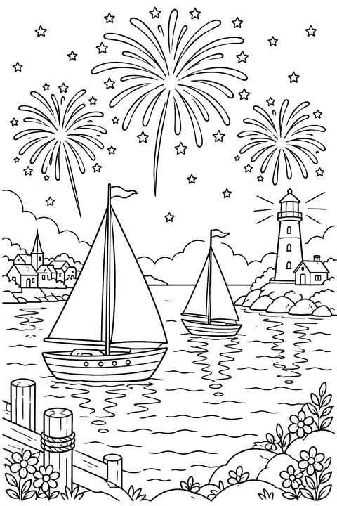 fireworks over a harbor with sailboats and a lighthouse coloring page