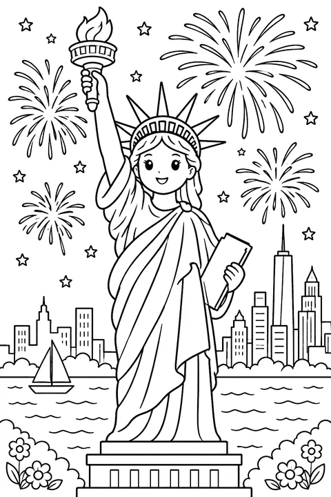 the Statue of Liberty with fireworks in the sky coloring page