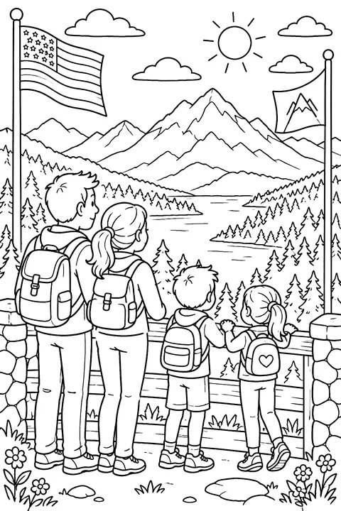 a family looking at a mountain view with flags at a scenic overlook coloring page