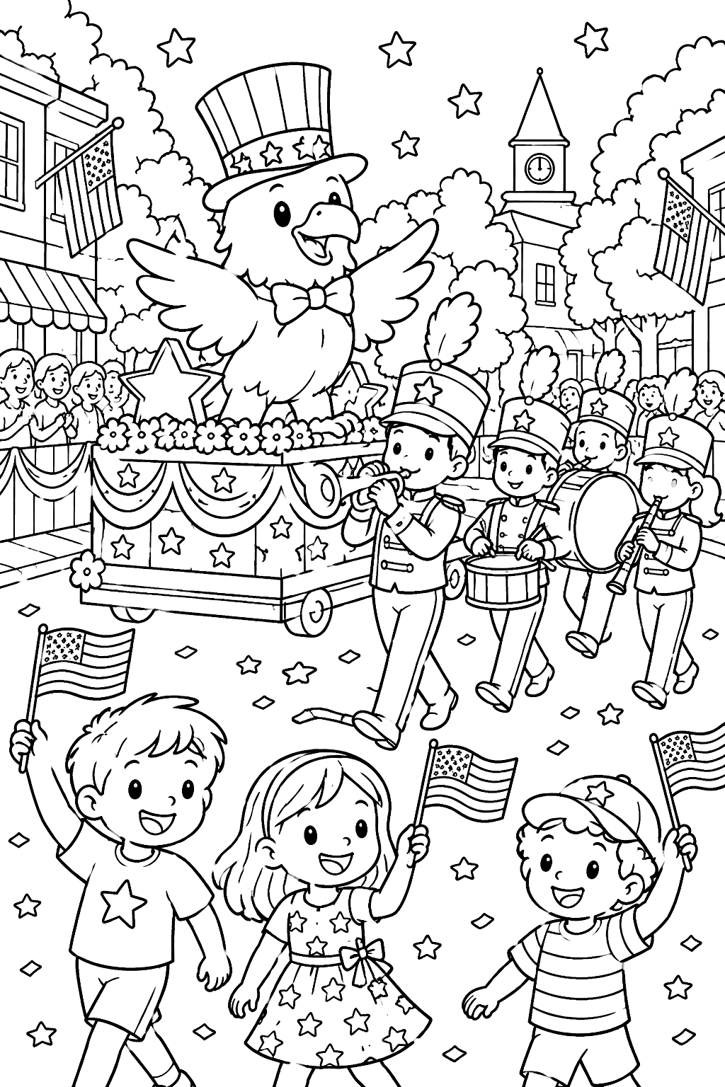 a parade with a float, marching band and kids waving flags coloring page