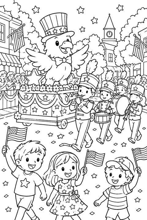 a parade with a float, marching band and kids waving flags coloring page