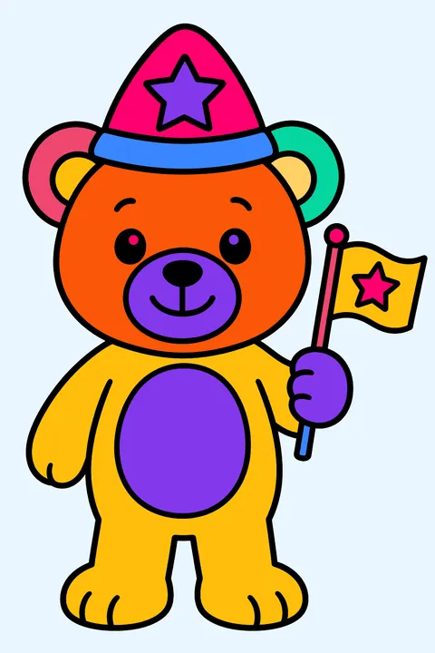 a teddy bear holding a small flag and wearing a star hat coloring page