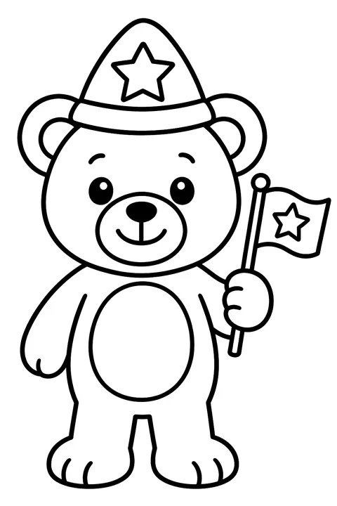 a teddy bear holding a small flag and wearing a star hat coloring page