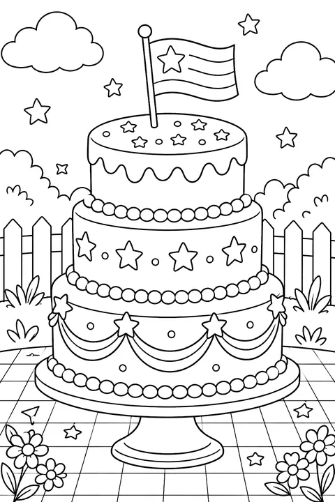 a layered cake with stars and a flag topper coloring page