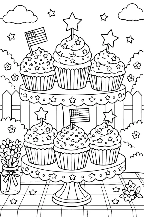 cupcakes decorated with stars and flags on a stand coloring page