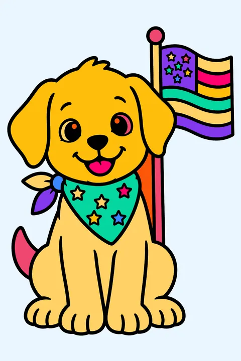 a puppy wearing a star bandana sitting next to a flag coloring page