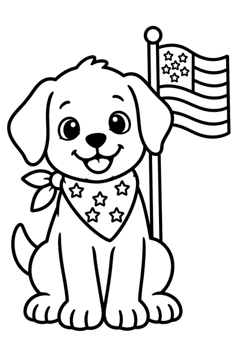 a puppy wearing a star bandana sitting next to a flag coloring page