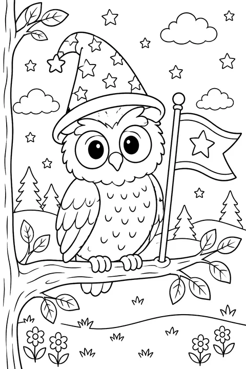 an owl with a star hat on a branch with a flag coloring page