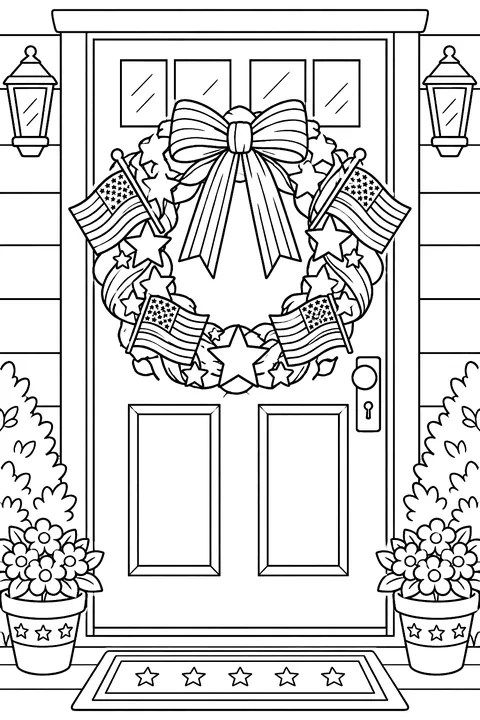 a wreath of ribbons, stars and flags on a front door coloring page