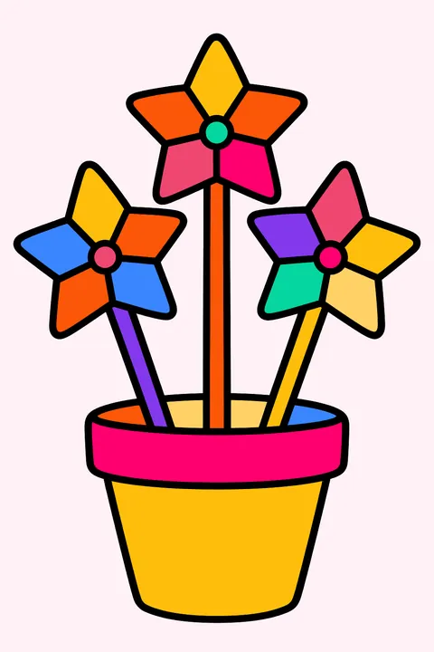three star pinwheels in a flower pot coloring page