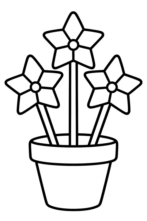 three star pinwheels in a flower pot coloring page