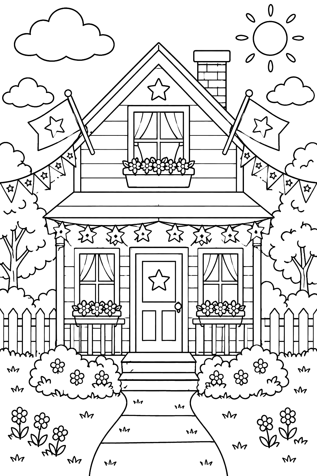 a house decorated with star bunting and flags coloring page