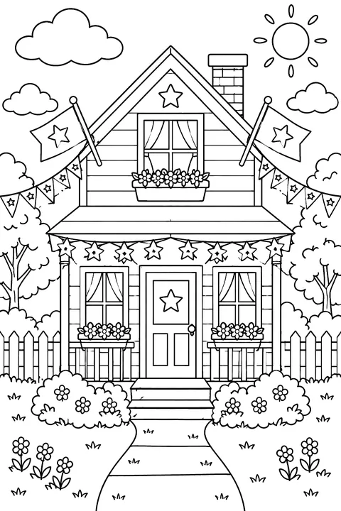 a house decorated with star bunting and flags coloring page