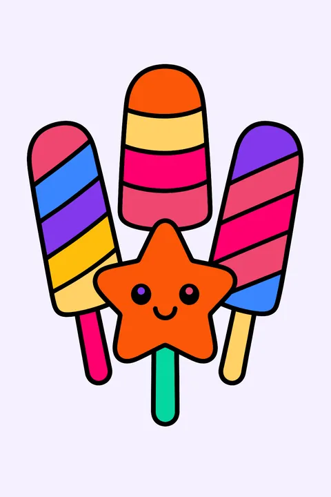 three striped ice pops and a star-shaped popsicle coloring page