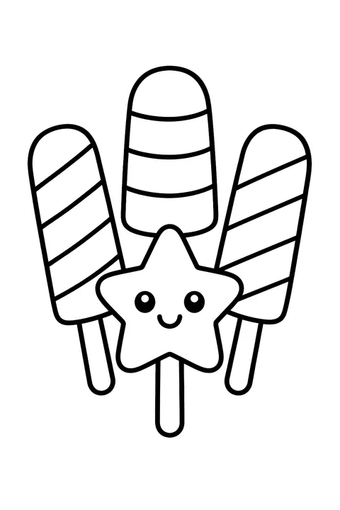 three striped ice pops and a star-shaped popsicle coloring page