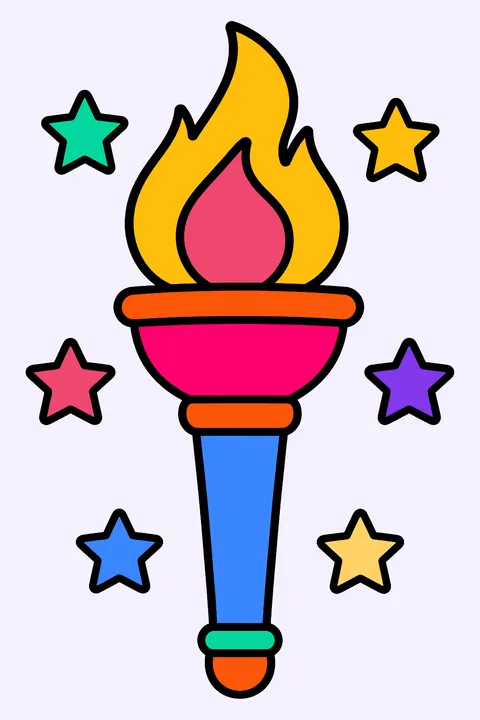 a big torch with a flame and stars around it coloring page