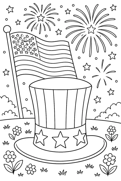 a tall striped top hat with stars, with a flag and fireworks coloring page