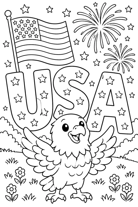 big outline letters spelling USA with stars and fireworks coloring page