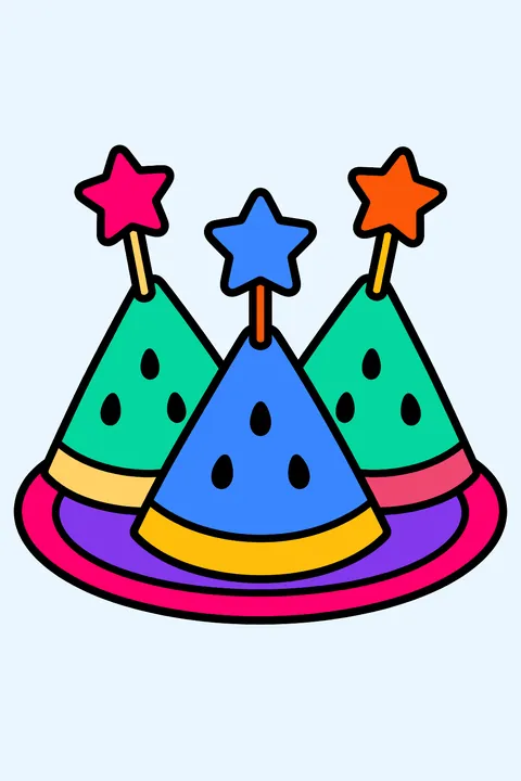 slices of watermelon with star picks on a plate coloring page