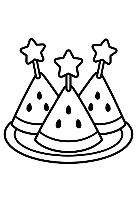 slices of watermelon with star picks on a plate coloring page