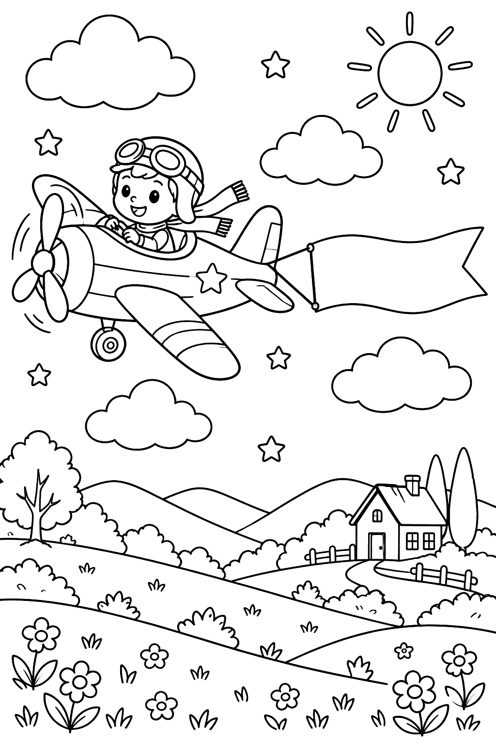 Airplane with a banner trailing behind coloring page